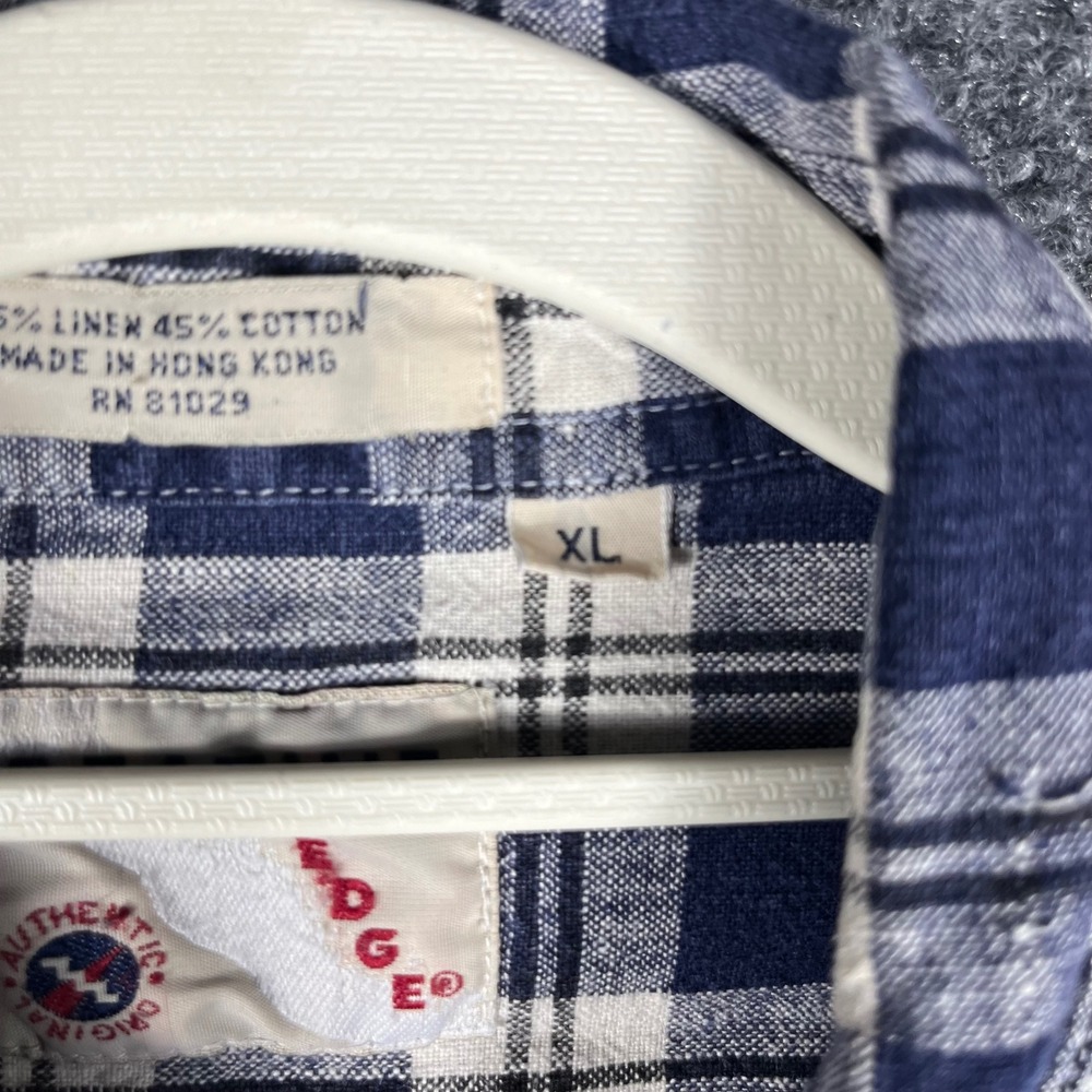Vintage Creative Edge Button Up Shirt Mens XL Blue White Plaid Linen Cotton - Picture 5 of 8